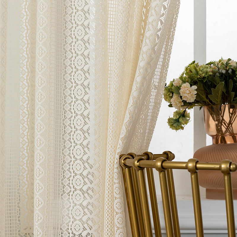 Beige Lace Sheer Curtains, Vintage Hollow Out Sheer Curtains, European Style Simple Sheer Curtains for Amazon