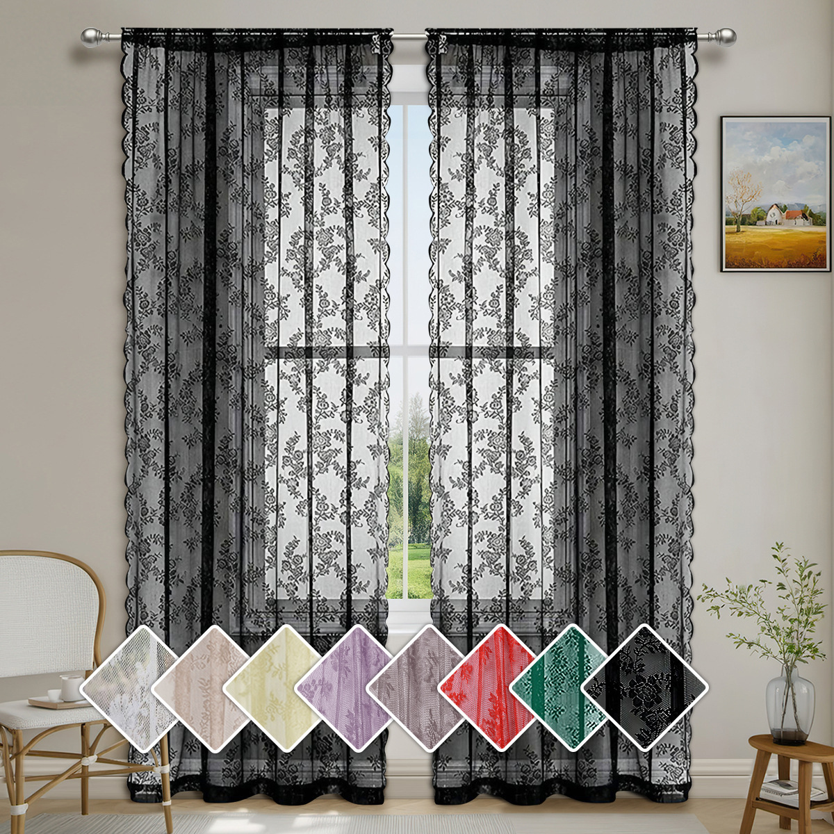 French Lace Sheer Curtains, Semi-Blackout Lace Curtains, Rod Pocket Finished Curtains