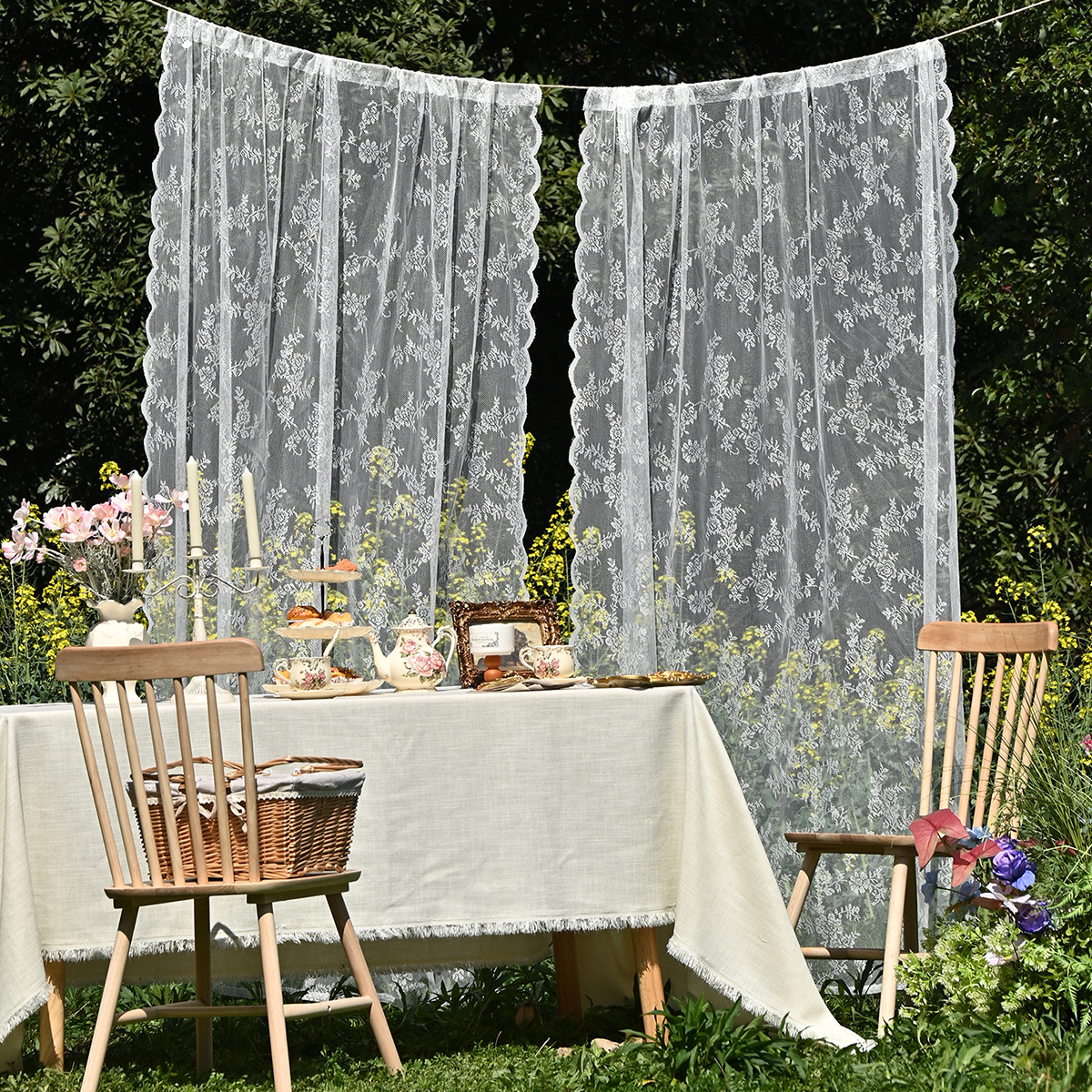 New Warp Knitted Lace Pastoral Outdoor Sheer Curtains with Lace Edge, Rod Pocket Outdoor Finished Curtains
