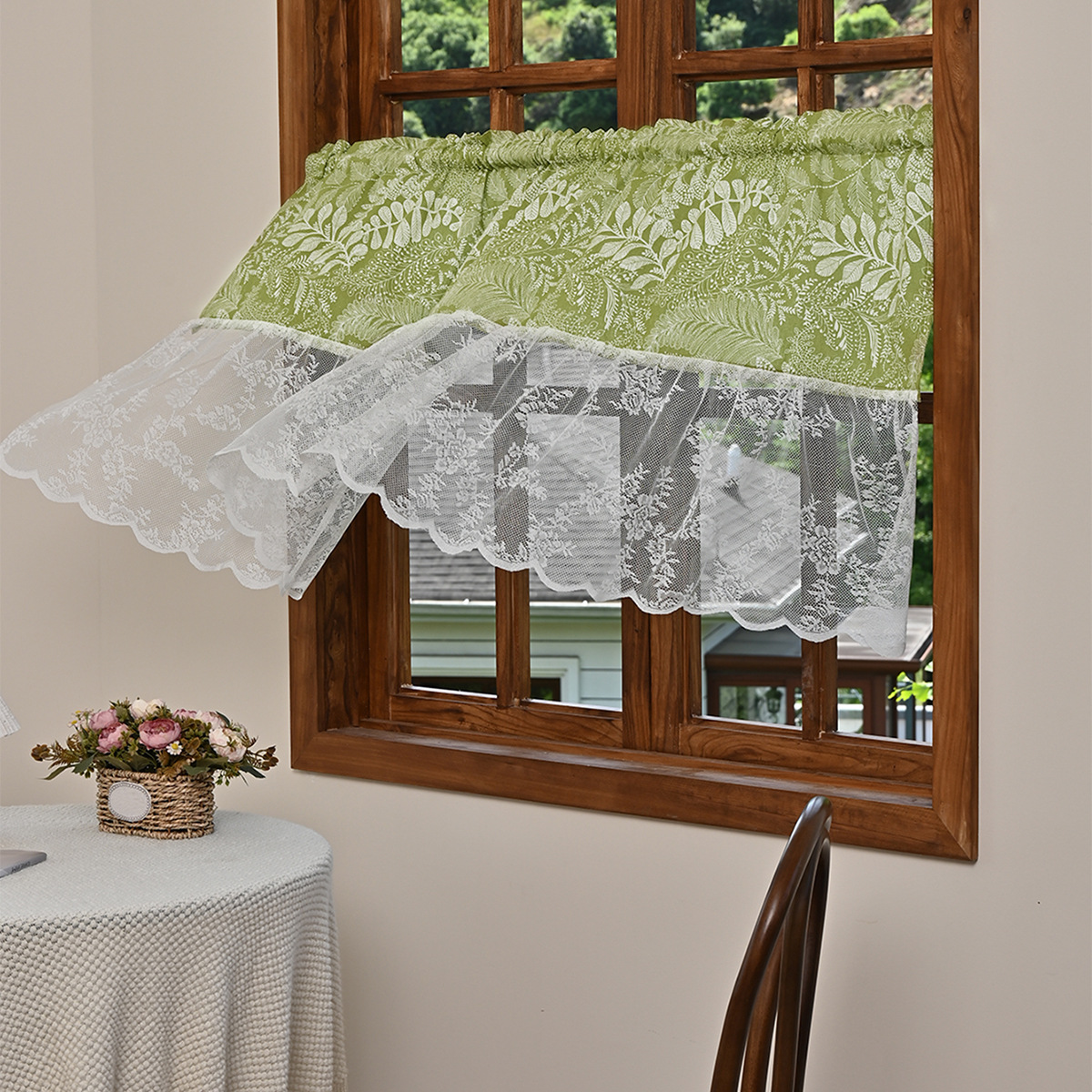 New Printed Rod Pocket Short Curtains, Semi-Blackout Lace Sheer Curtains, Partition Curtains for Kitchen and Study