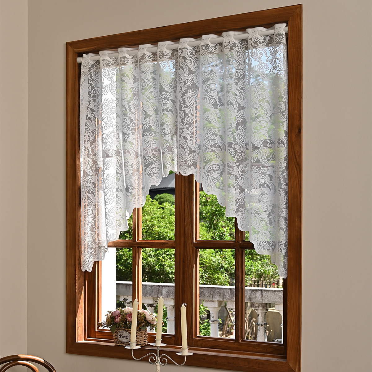 Warp Knitted White Lace Half Curtains Sheer Curtains, Semi-Blackout Curtains for Kitchen, Living Room and Study