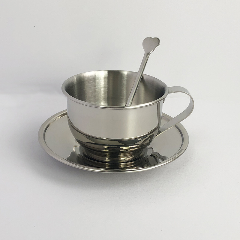 European Style Stainless Steel Coffee Cup and Saucer Sets, British Afternoon Tea 3-Piece Set with Spoon, Gift Cups