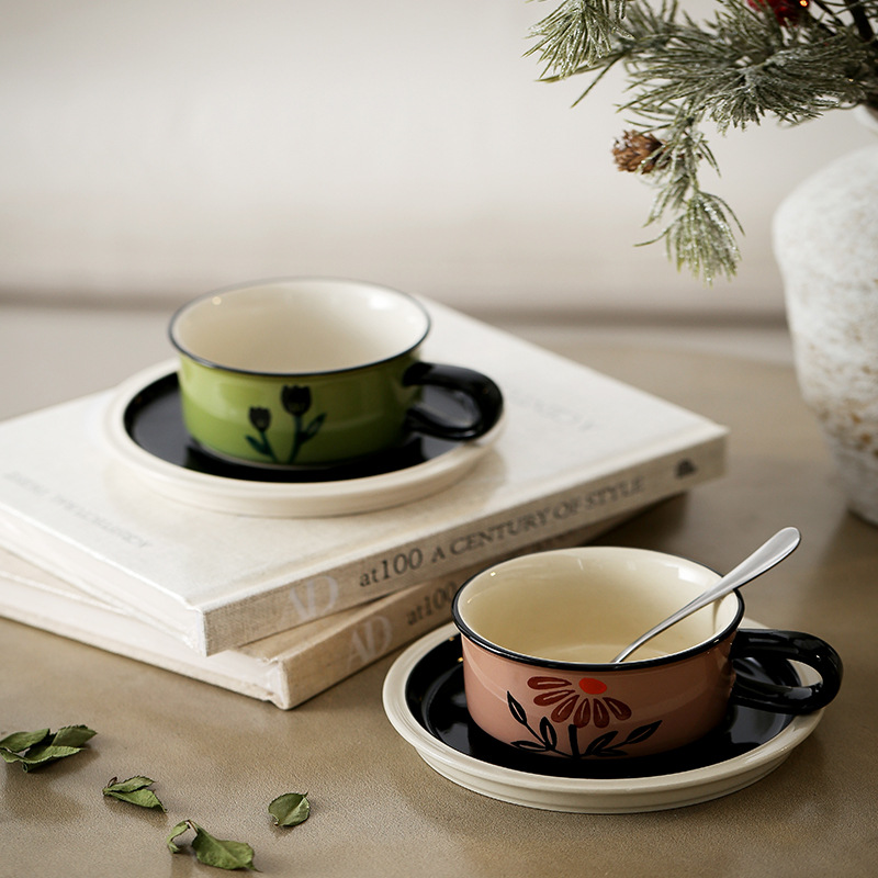 French Medieval Style Hand-Painted Underglaze Purple Sunflower Ceramic Coffee Cup and Saucer Sets, Afternoon Tea Cups