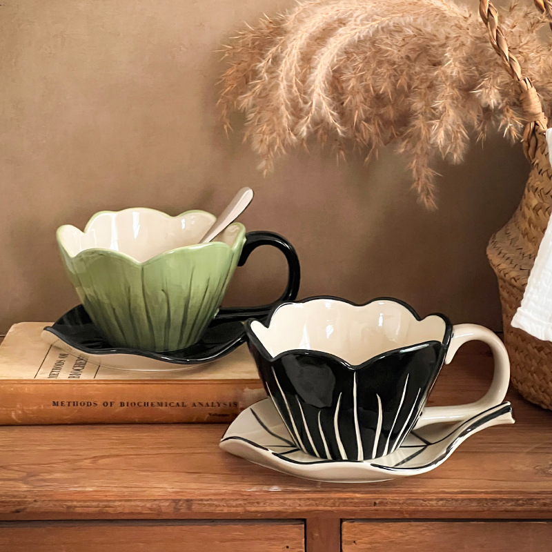 Niche Hand-Painted Tulip Ceramic Coffee Cup and Saucer Sets, Vintage Cups, Afternoon Tea Latte Art Cups