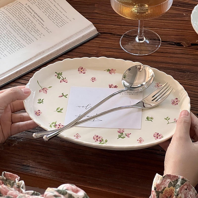 Retro Floral Oval Ceramic Plates, French Dessert and Salad Plates, Household Breakfast Plates, Dinner Plates, Fish Plates and Shallow Soup Plates
