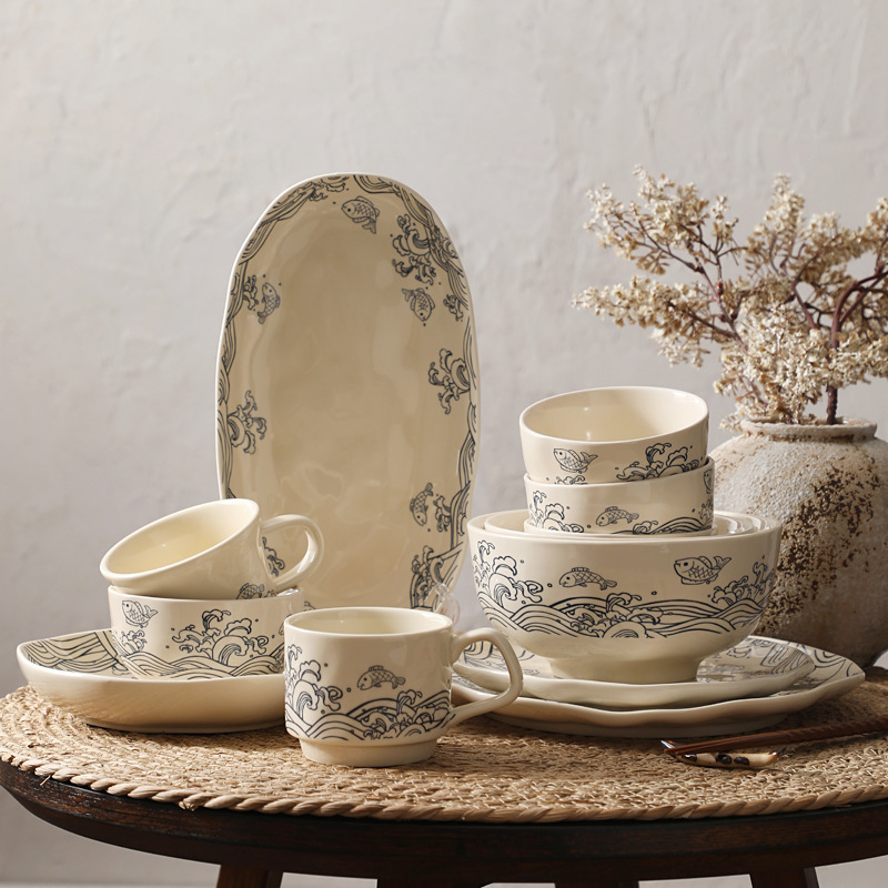 2025 New Vintage Fish Leaping Wave Ceramic Bowl and Plate Sets, Household Deep Plates, Dinner Plates, Rice Bowl Sets