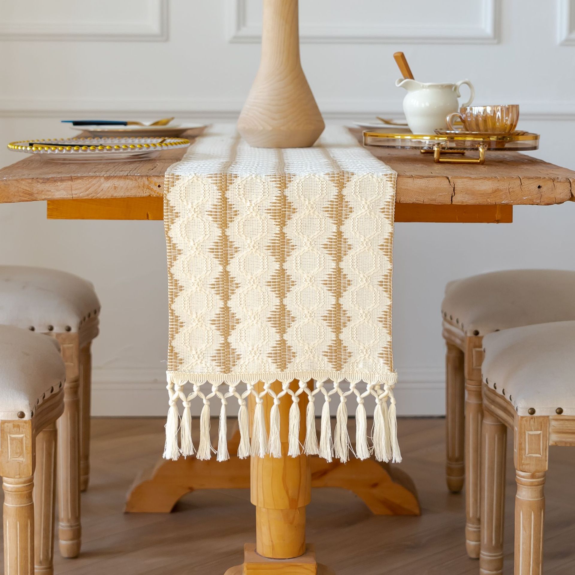 Spliced Tassel Table Runners, American Simple Style Luxury Advanced Festival Table Decoration Long Tablecloths, Cotton Linen
